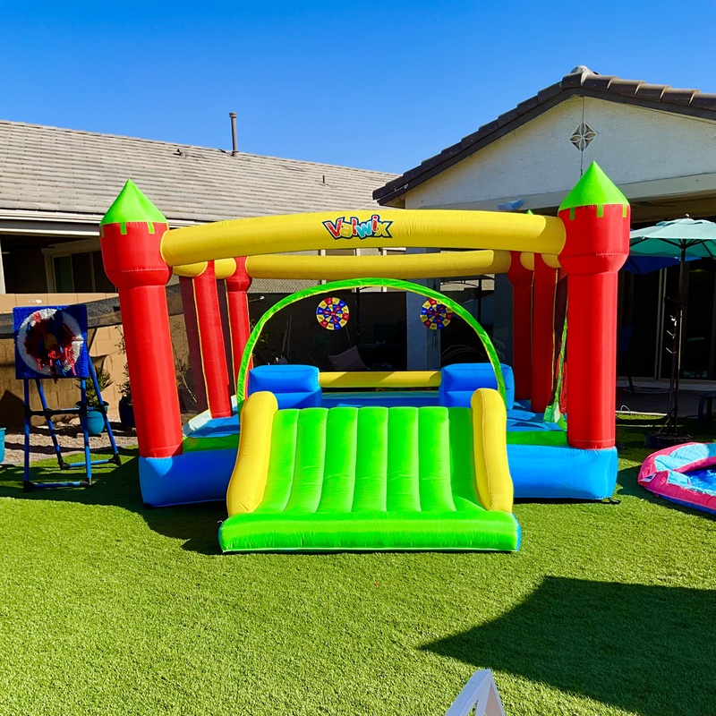 22ft Sun Shine Adventure Features
•Dual Slide Fun for Kids- Two side-by-side slide lanes let kids race, slide, and splash together, making it great for backyard play, birthday parties, and summer gatherings.
• Large Backyard Water Play Area - The built-in climbing wall, water sprayers, and splash pool create a complete backyard water park experience for active outdoor fun.
• Durable Oxford Fabric - Made from Oxford fabric for a lightweight yet durable design, suitable for residential backyard use and easy to fold away after play.
• Wet & Dry Play Options - Connect a garden hose for refreshing water play, or use it as a dry inflatable slide for everyday outdoor entertainment.
• Quick Setup with Included Blower - Comes with an air blower, stakes, water sprayer nozzle, and repair patches for simple setup and continuous inflation during use.